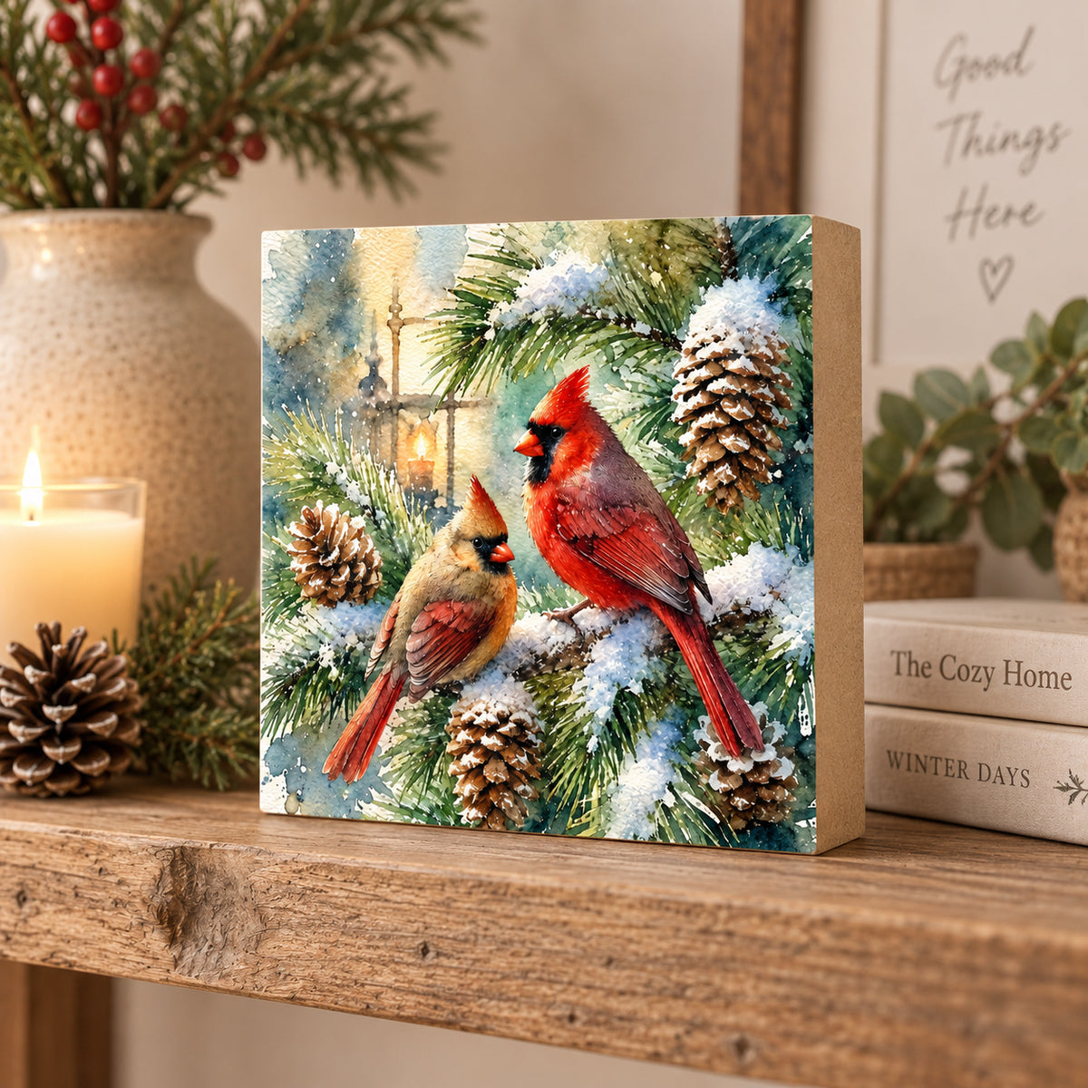 Cardinal Bird Decor, Block Art, Cabin Shelf Sitter, Made in the U.S.A.