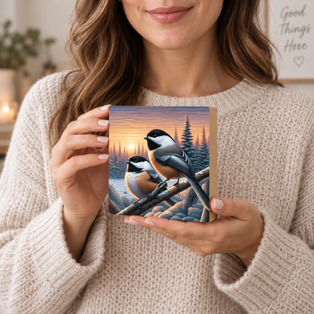 Chickadee Bird Decor, Block Art, Cabin Shelf Sitter, Made in the U.S.A.