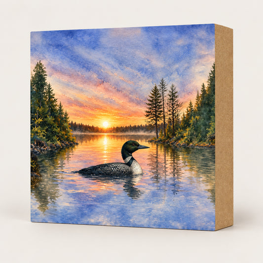 Loon Sunset Lake Decor, Block Art, Cabin Shelf Sitter, Made in the U.S.A.