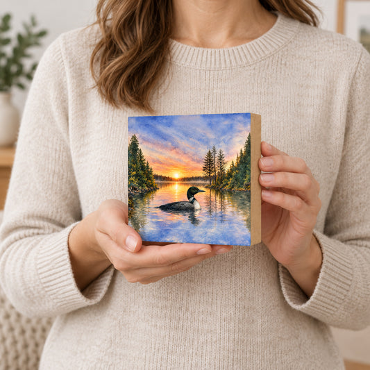 Loon Sunset Lake Decor, Block Art, Cabin Shelf Sitter, Made in the U.S.A.