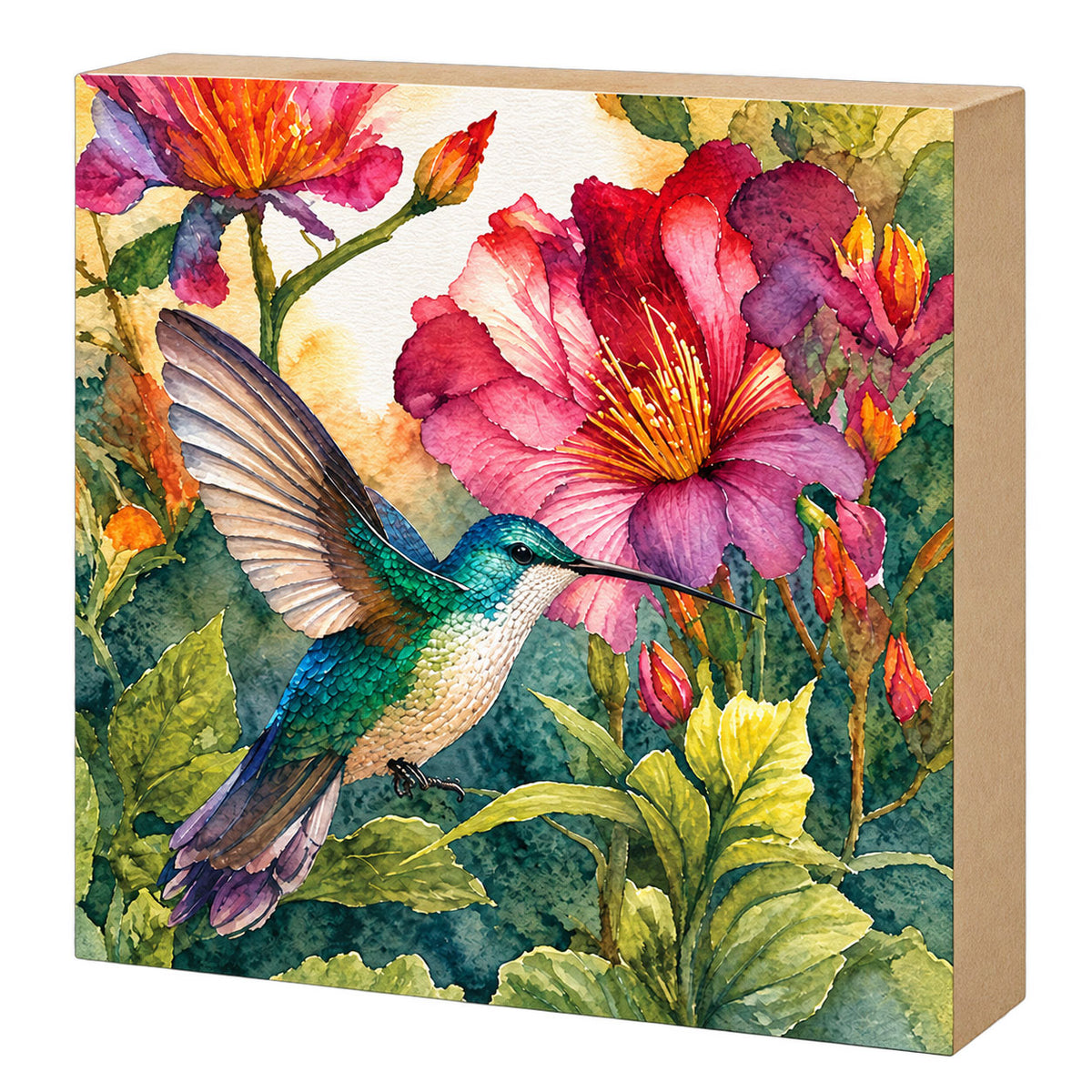 Teal Hummingbird Bird Decor, Block Art,  Shelf Sitter, Made in the U.S.A.