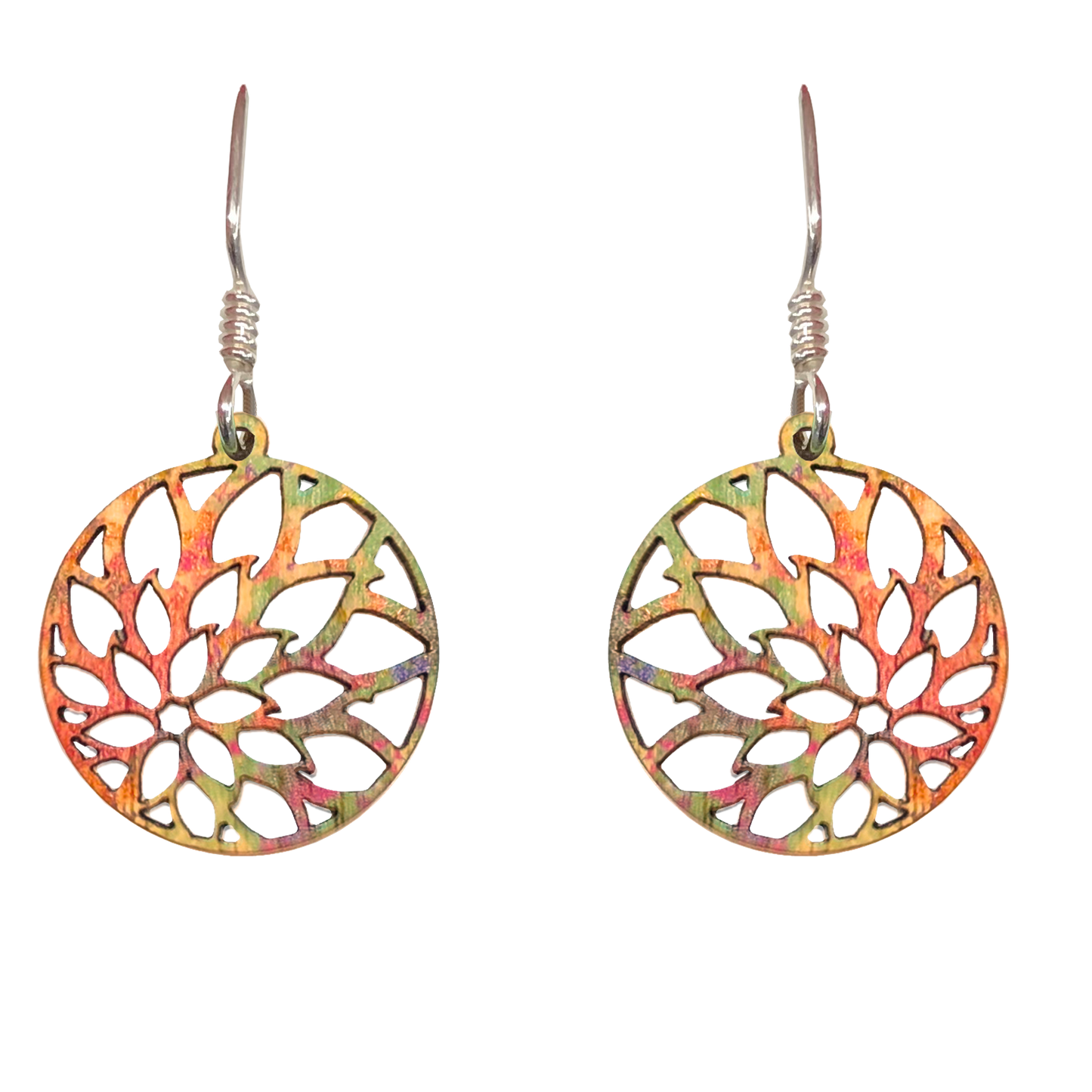 Mandala Colorful Zinnia Circle, Wood Earrings, Sterling Silver Earwires, Made in the U.S.A.