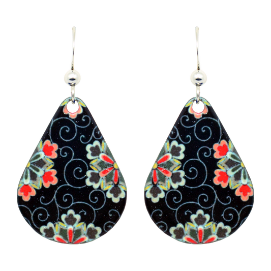 Black Tile Floral Earrings, Sterling Silver Earwires, Item# 1142