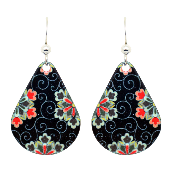 Black Tile Floral Earrings, Sterling Silver Earwires, Item# 1142