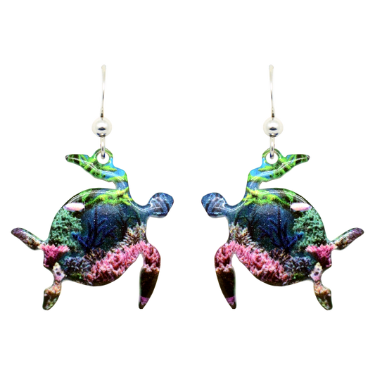 Coral Reef Honu Earrings, sterling silver French hooks, Item# 2021