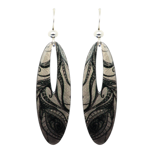Black and White Feather Drawing Earrings, Sterling Silver Earwires, Item# 2292