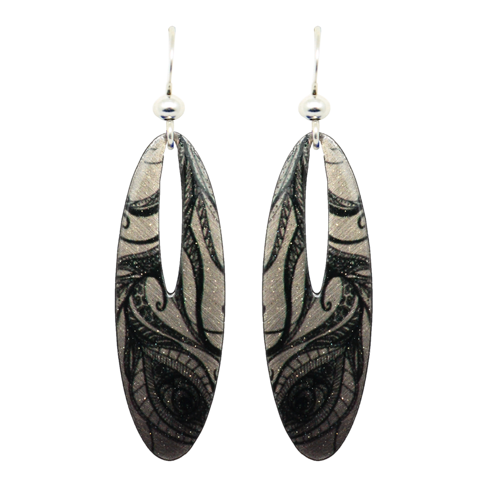 Black and White Feather Drawing Earrings, Sterling Silver Earwires, Item# 2292