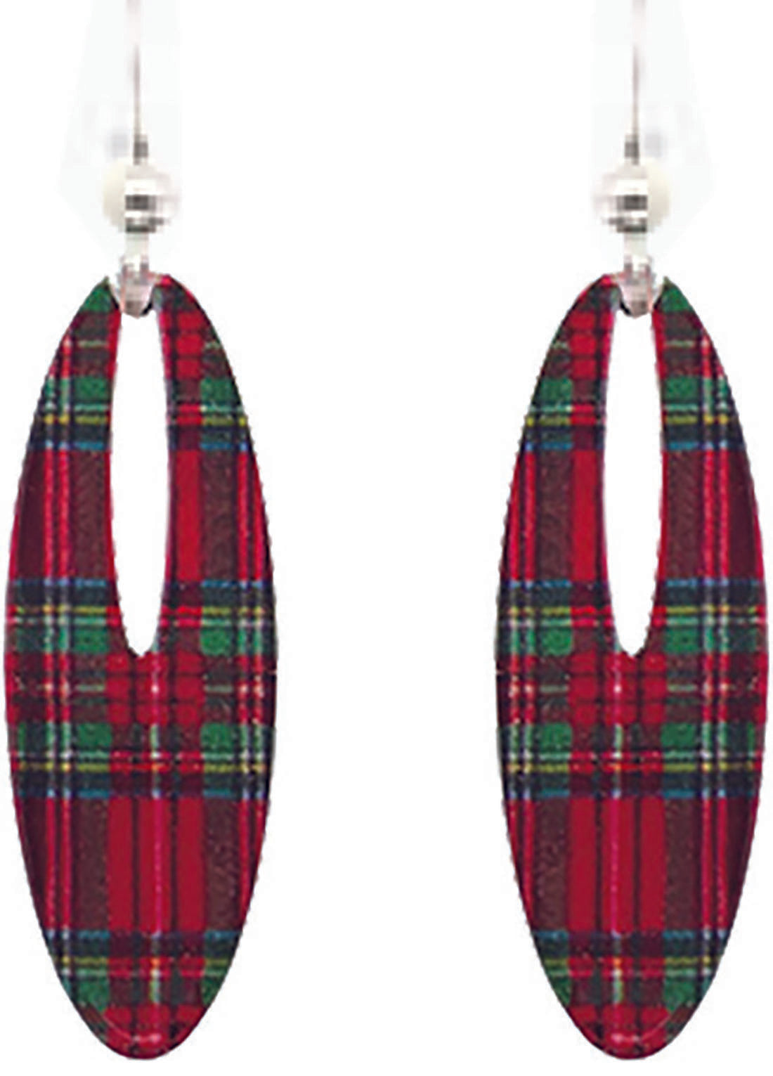 Christmas Plaid 2 inch Slender Oval Eye Earrings, sterling silver French Hooks, Item# 2392
