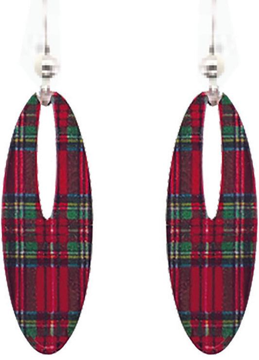 Christmas Plaid 2 inch Slender Oval Eye Earrings, sterling silver French Hooks, Item# 2392