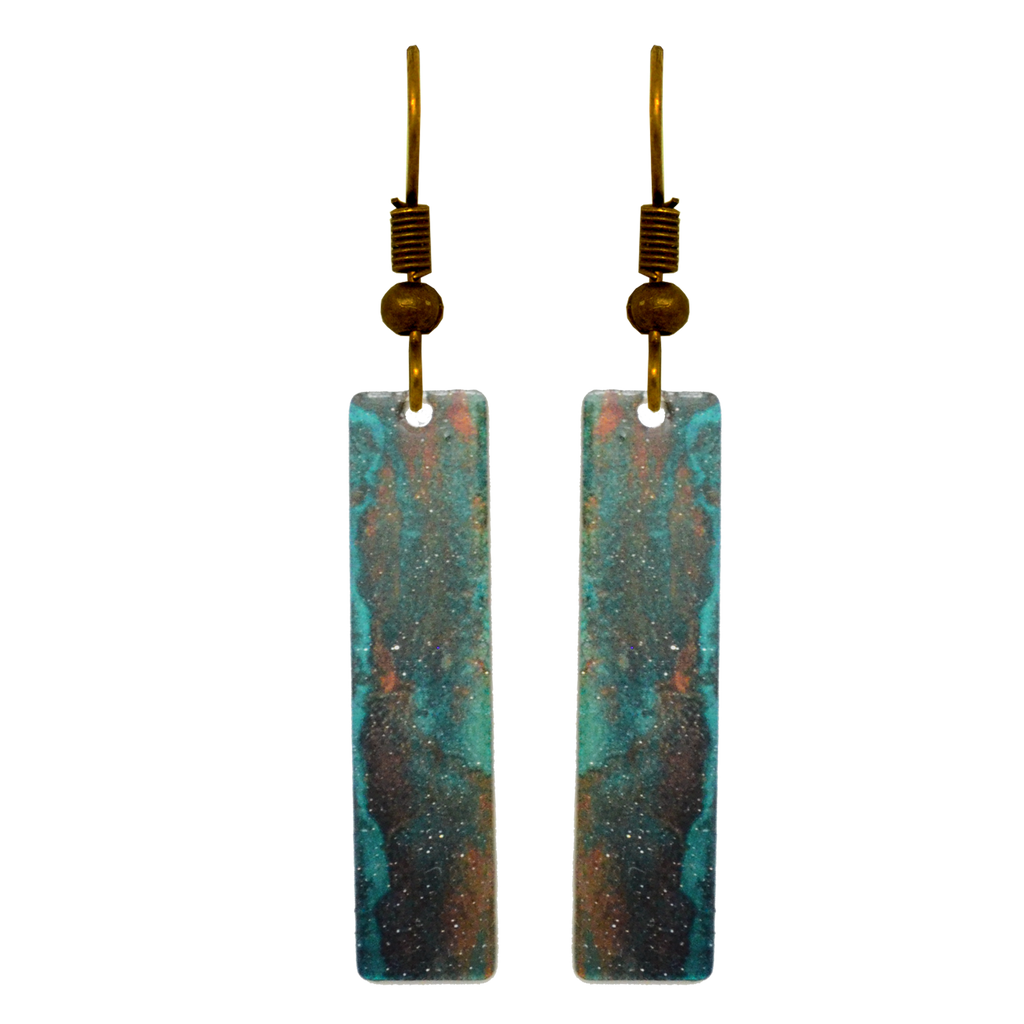 Rusty Turquoise 2" Metallic Slender Rectangle Earrings