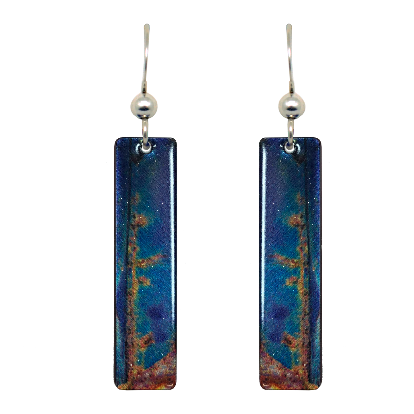 Blue Rust 2" Metallic Slender Rectangle Earrings, Sterling Silver Earwires, Item# 2418