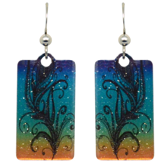 Feather Drawing Metallic 1.25 inch Rectangular Earrings