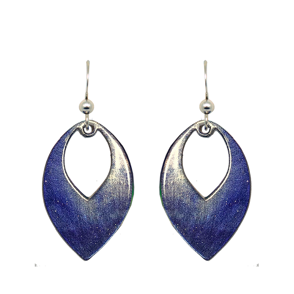 Blue Water Color Metallic 1.5 inch Open Leaf Earrings, Sterling Silver Earwires, Item# 2471