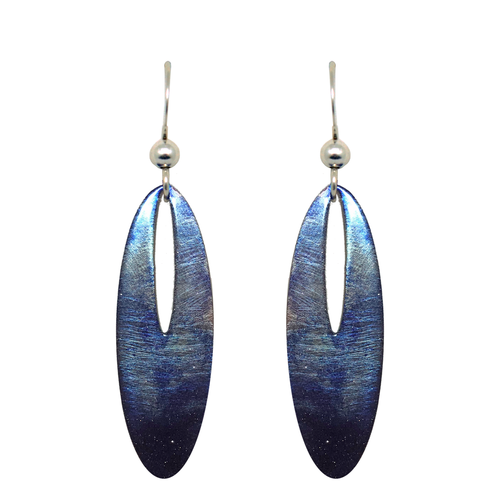 Blue Water Color Metallic 2 inch Slender Oval Eye Earrings, Sterling Silver Earwires, Item# 2476
