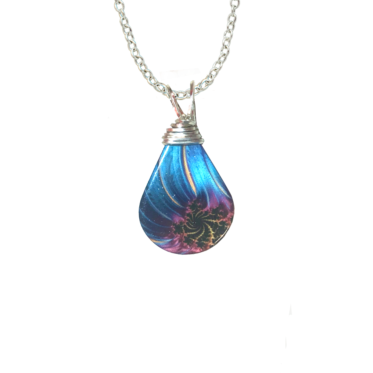 Blue and Gold Plume Tear Drop Necklace,  Stainless Steel, 18" stainless steel chain, #4747X