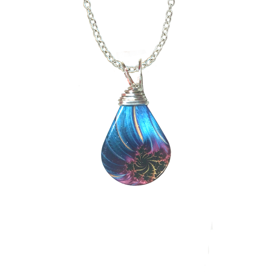 Blue and Gold Plume Tear Drop Necklace,  Stainless Steel, 18" stainless steel chain, #4747X