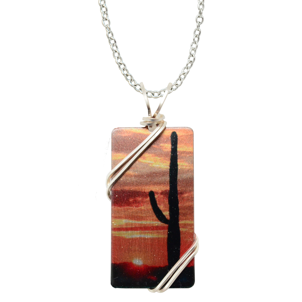 Cactus Sunset Necklace, 1.5" pendant with silver-plated wiring, Item# 4718X