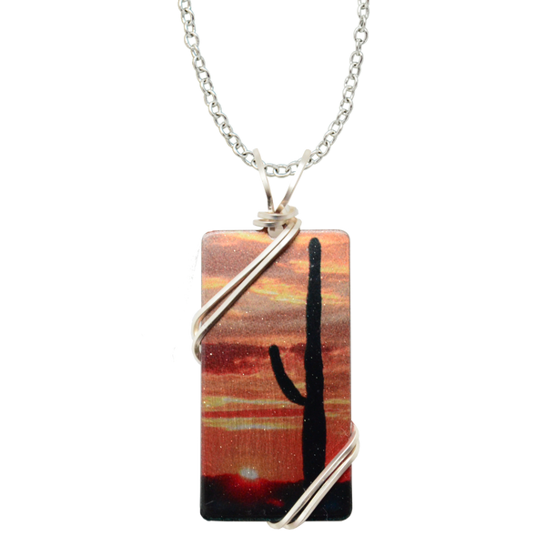 Cactus Sunset Necklace, 1.5" pendant with silver-plated wiring, Item# 4718X