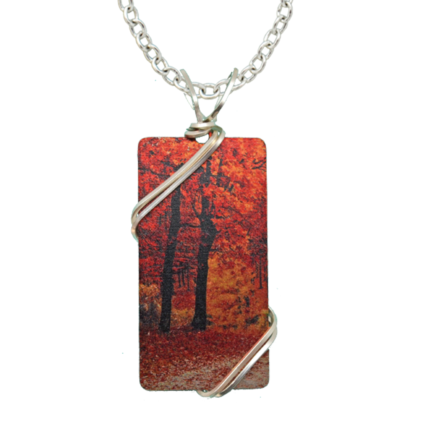 Fall Leaves Necklace, 1.5" pendant with silver-plated wiring