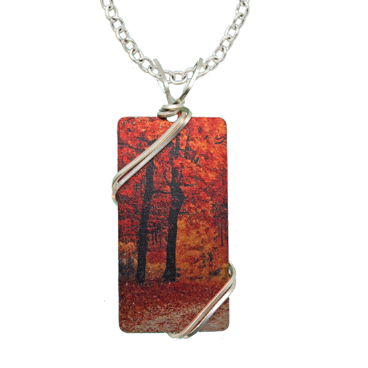 Fall Leaves Necklace, 1.5" pendant with silver-plated wiring
