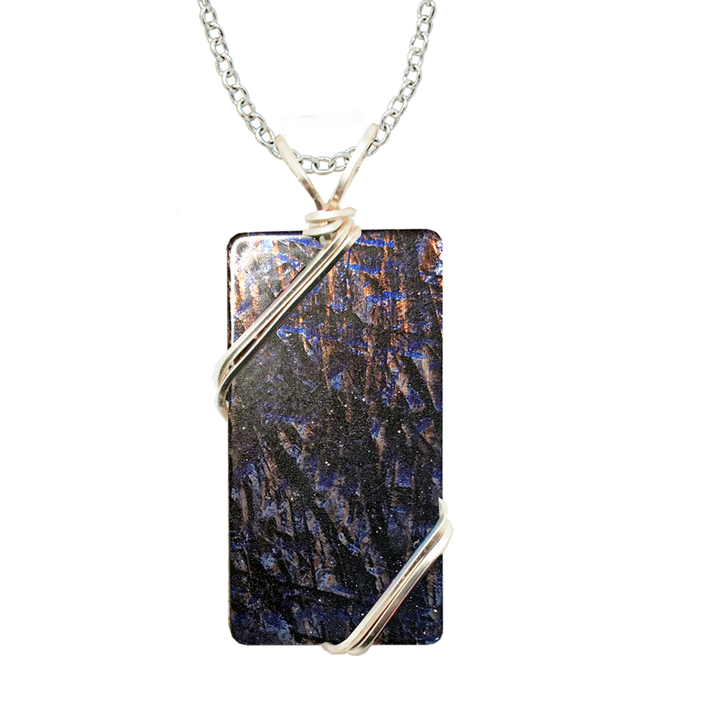 Blue Metal Grunge Necklace, 1.5" pendant with silver-plated wiring, Item# 4727X