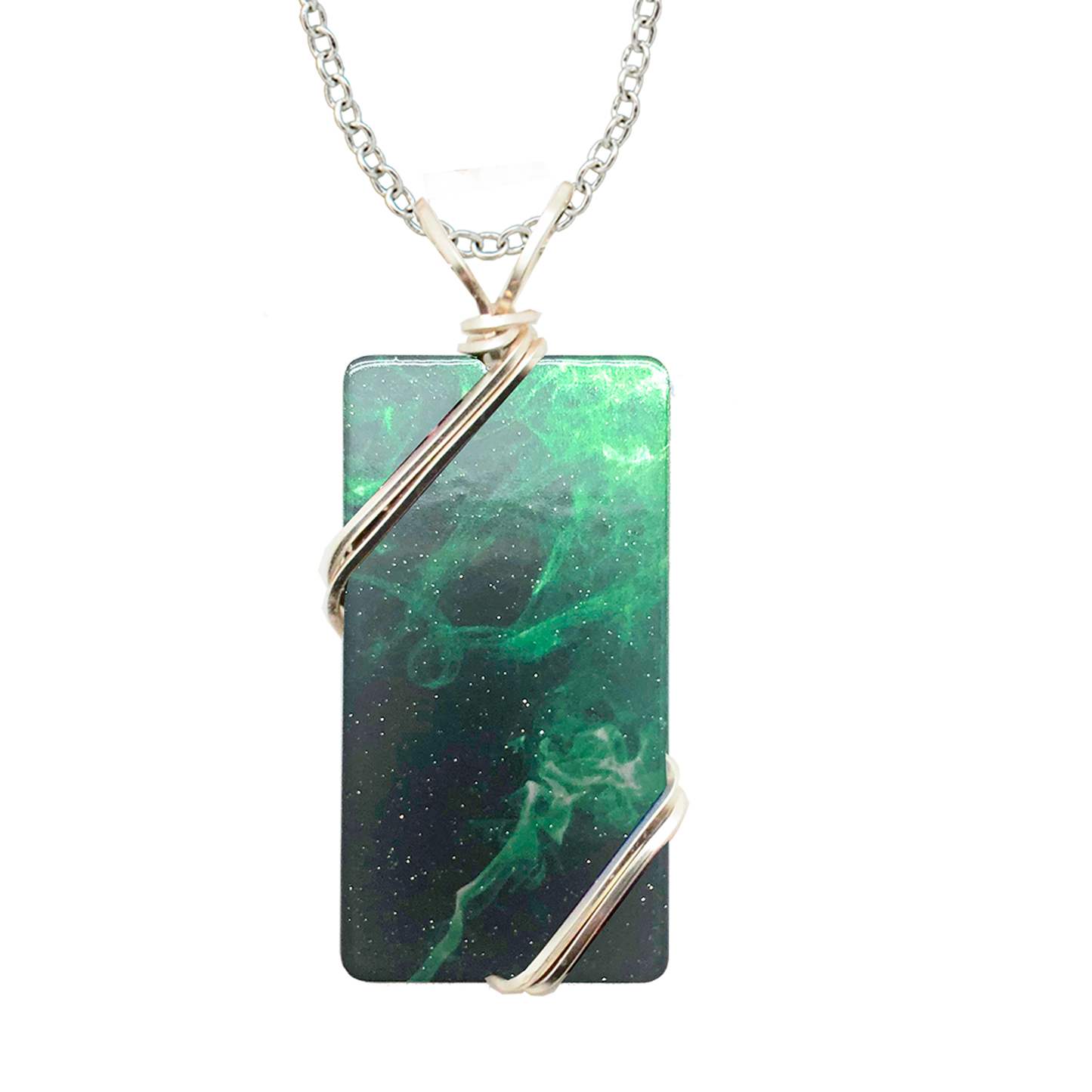 Green Smoke Necklace, 1.5" pendant with silver-plated wiring