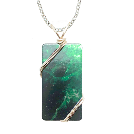 Green Smoke Necklace, 1.5" pendant with silver-plated wiring