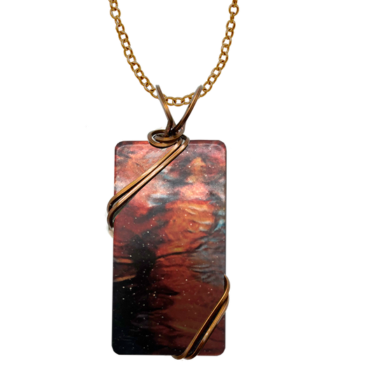 Fire Water Necklace, 1.5" pendant with bronze finish wiring