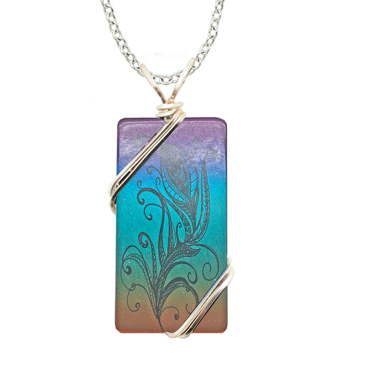 Feather Drawing Necklace, 1.5" pendant with silver-plated wiring