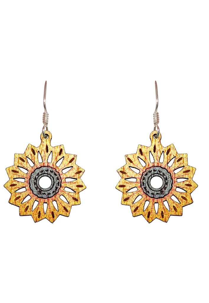 Mandala Sunflower, Wood Earrings, Filled Sterling Silver Earwires, Made in the U.S.A.