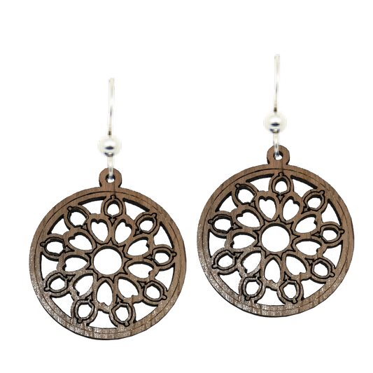 Mandala Circle Wood Earrings, Sterling Silver Earwires, Sustainably Sourced Wood