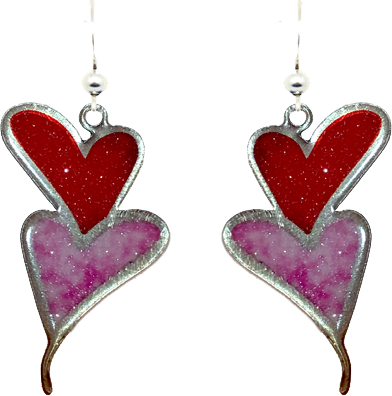 Double Pink & Red Hearts, Stainless Steel, Sterling Silver Earwires, #2522
