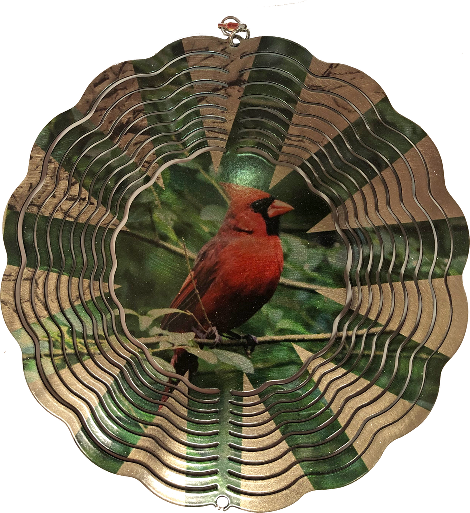 Red Cardinal Wind Spinner, made in the USA by d'ears, 18 gauge powder coated