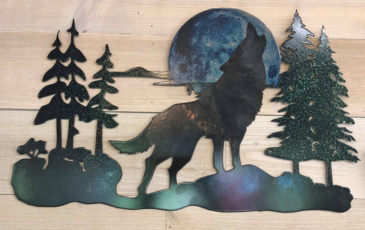 Wolf Moon metal wall art by d'ears, 22 inch, made in the USA, 18 gauge steel